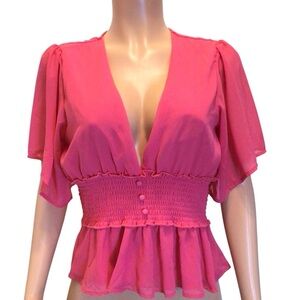 Kabira Women’s Peplum Blouse Size L Pink Smocked Waist Flutter Sleeve V Neck Top